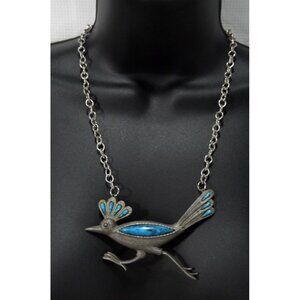 Vintage HERMAN'S 4" wide bird with faux blue stone 22" adjustable chain necklace